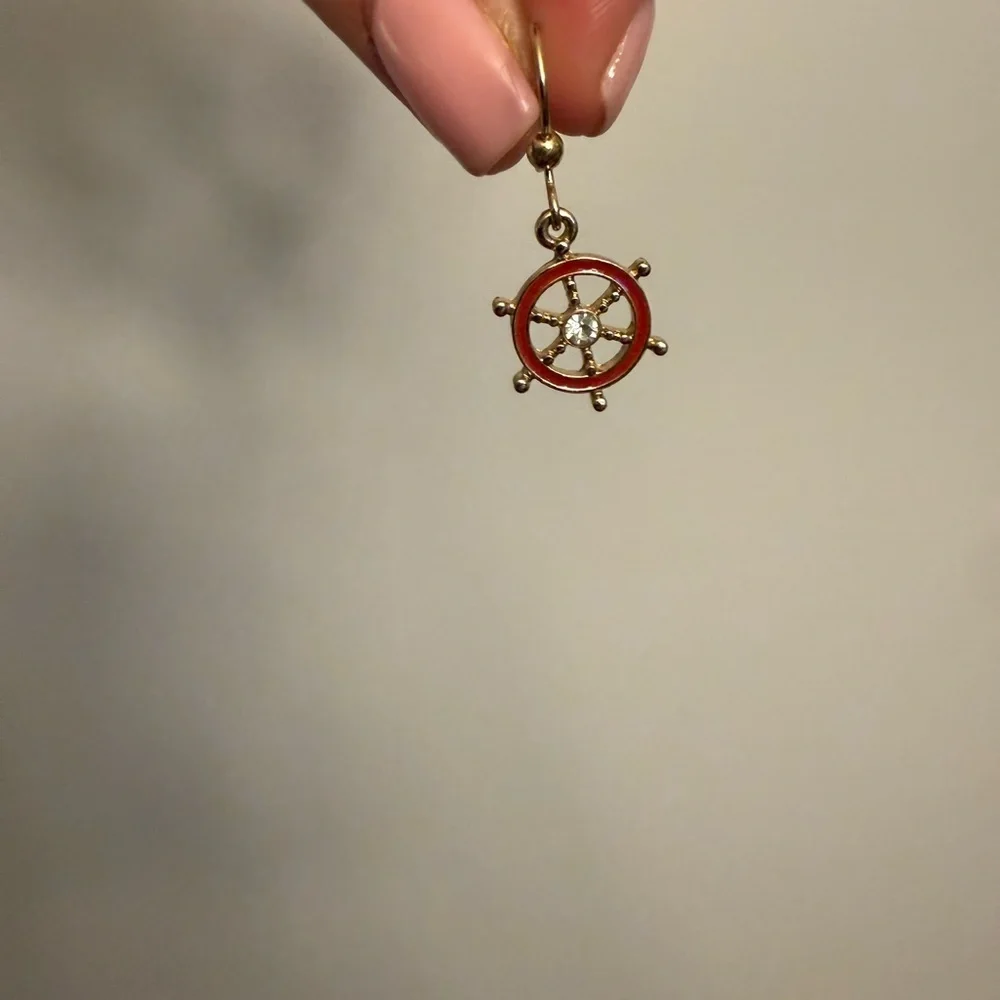 Gold and Red Nautical Wheel Earrings